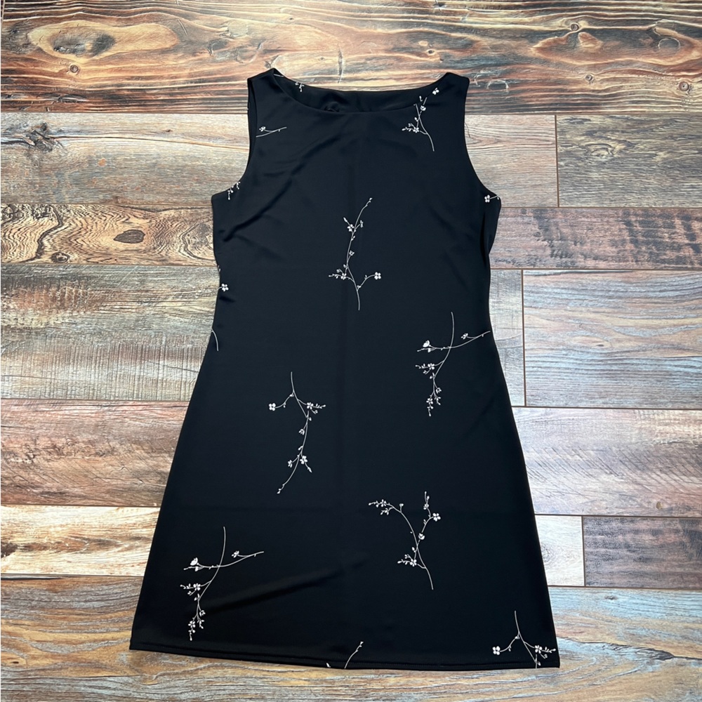 Vintage Jalate Mini Dress Black with White Flowers Size M